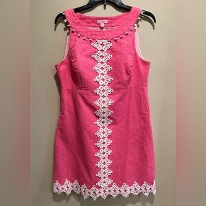 Lilly Pulitzer Dress Hot Pink Sleeveless Mini with White Lace Trim -Size 10